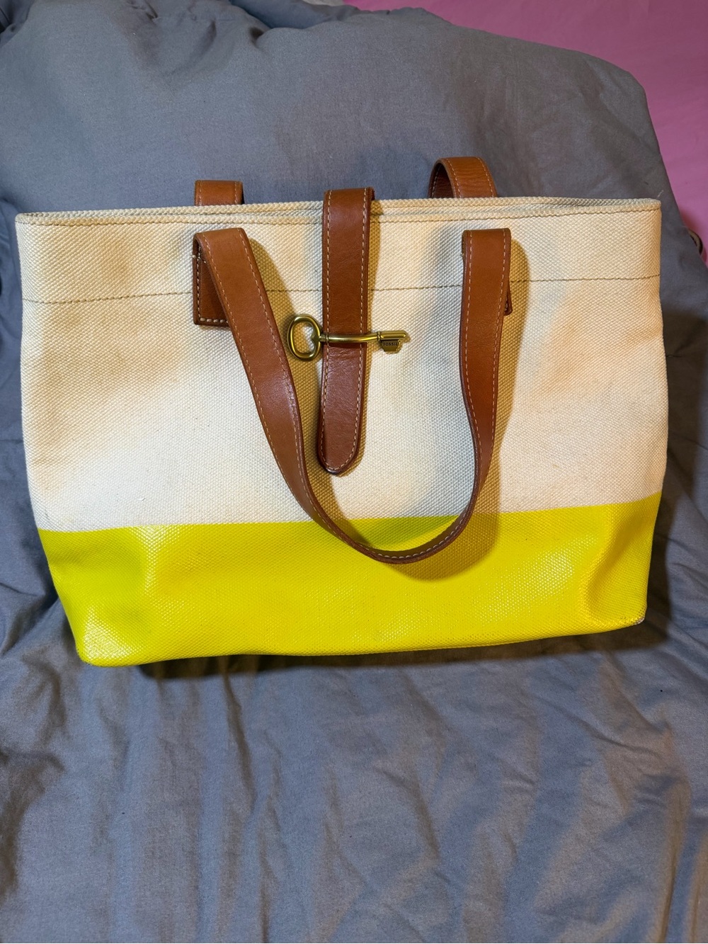 Fossil Cream and Yellow Canvas Tote with Brown Leather Trim